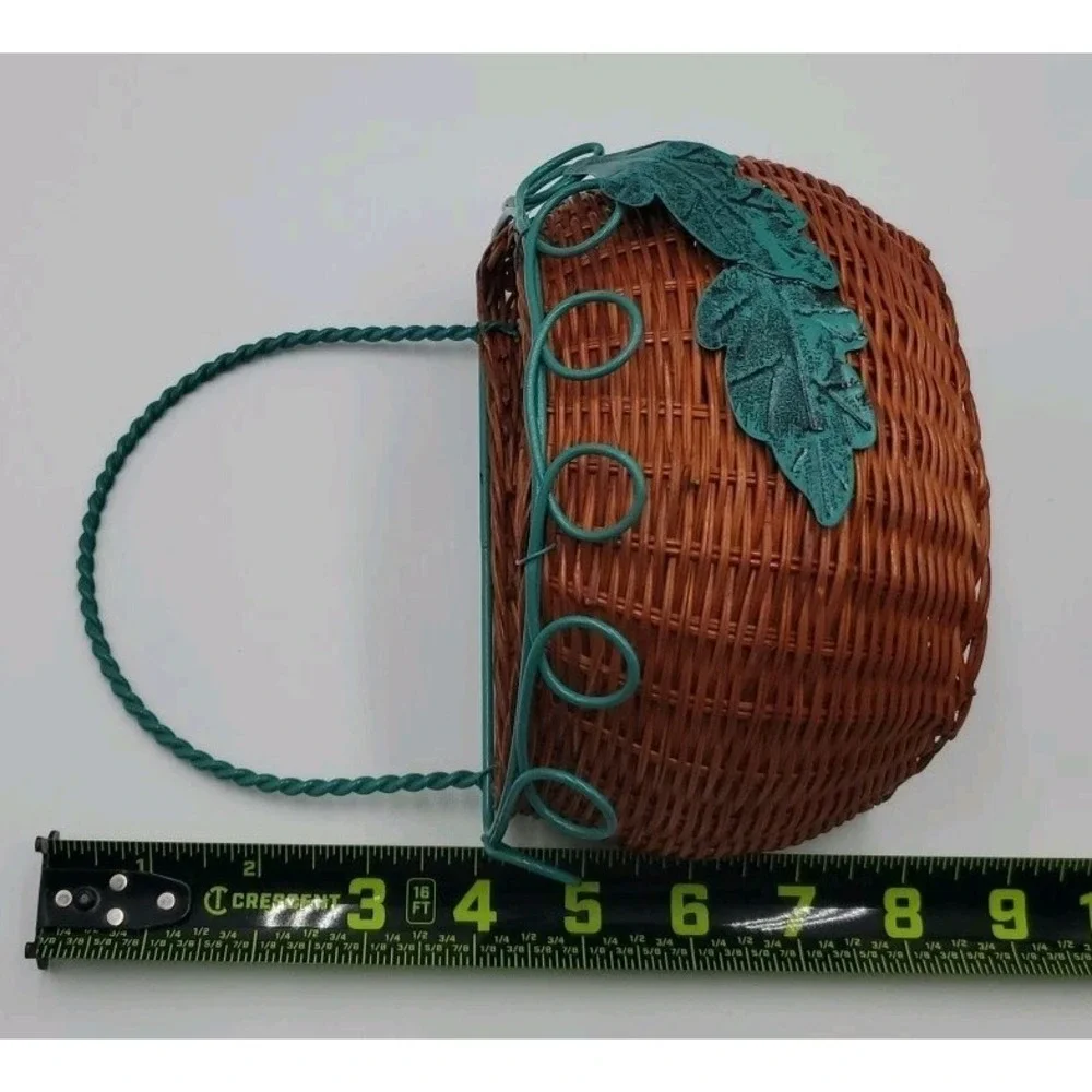 Decorative Hanging Wicker Basket with Green Metal Wire Cottagecore